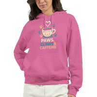 Load image into Gallery viewer, Paws Claws and Caffeine Hoodie featuring a cat and coffee design, perfect for cat lovers in a cozy AZALEA pullover.