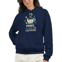 Load image into Gallery viewer, Paws Claws and Caffeine Hoodie featuring a cat and coffee design, perfect for cat lovers in a cozy NAVY pullover.
