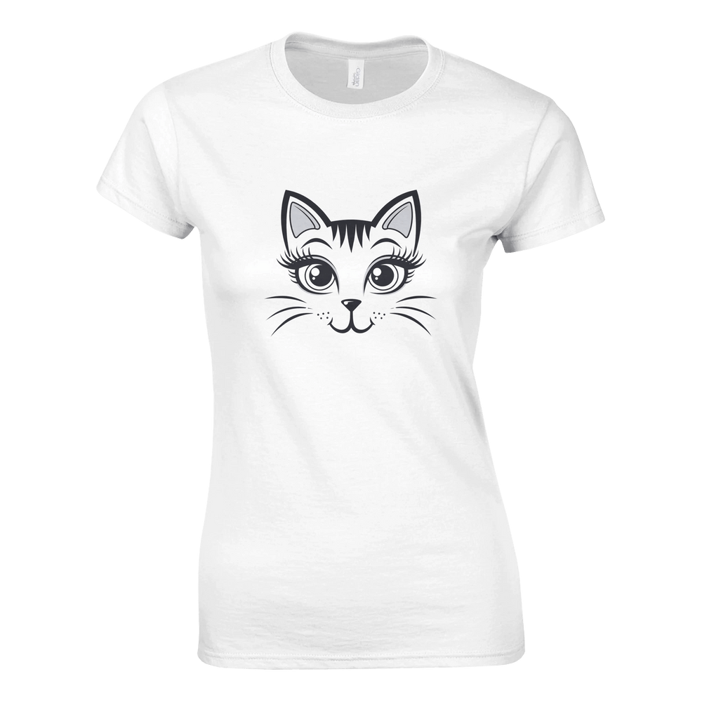 White | Happy Cat Portrait Womens T-Shirt