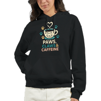 Load image into Gallery viewer, Paws Claws and Caffeine Hoodie featuring a cat and coffee design, perfect for cat lovers in a cozy BLACK pullover.