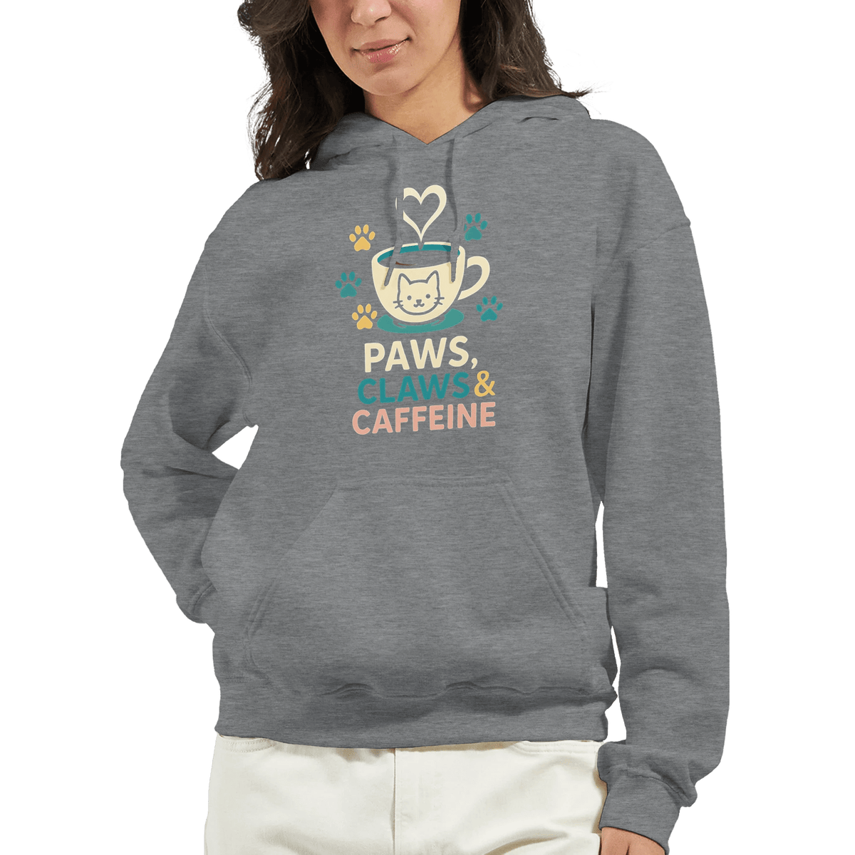 Paws Claws and Caffeine Hoodie featuring a cat and coffee design, perfect for cat lovers in a cozy SPORT GREY pullover.