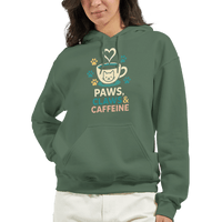 Load image into Gallery viewer, Paws Claws and Caffeine Hoodie featuring a cat and coffee design, perfect for cat lovers in a cozy MILITARY GREEN pullover.